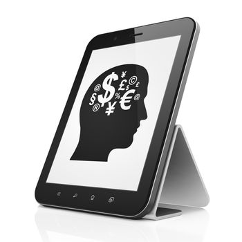 Business concept: black tablet pc computer with Head With Finance Symbol icon on display. Modern portable touch pad on White background, 3d render