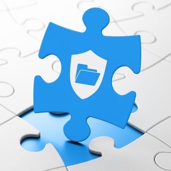 Business concept: Folder With Shield on Blue puzzle pieces background, 3d render