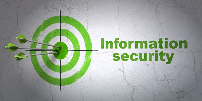Success security concept: arrows hitting the center of target, Green Information Security on wall background, 3d render