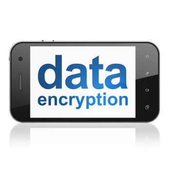 Protection concept: smartphone with text Data Encryption on display. Mobile smart phone on White background, cell phone 3d render