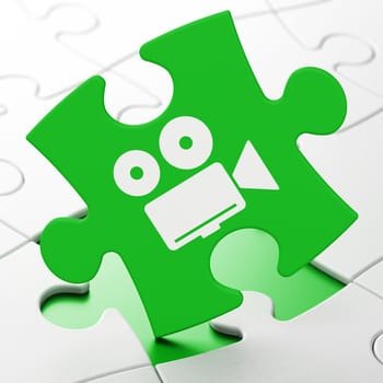 Travel concept: Camera on Green puzzle pieces background, 3d render