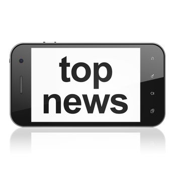 News concept: smartphone with text Top News on display. Mobile smart phone on White background, cell phone 3d render