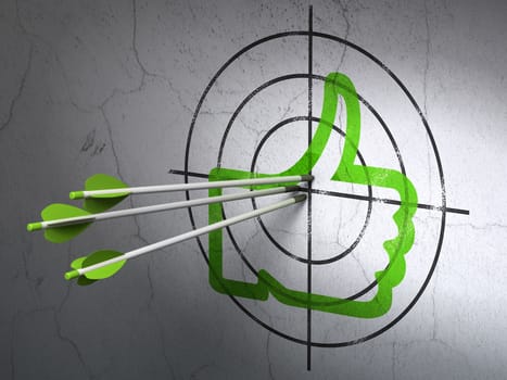 Success social network concept: arrows hitting the center of Green Thumb Up target on wall background, 3d render