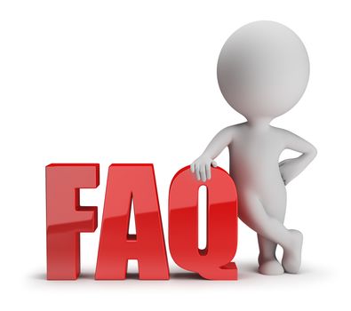 3d small person standing next to FAQ. 3d image. White background.