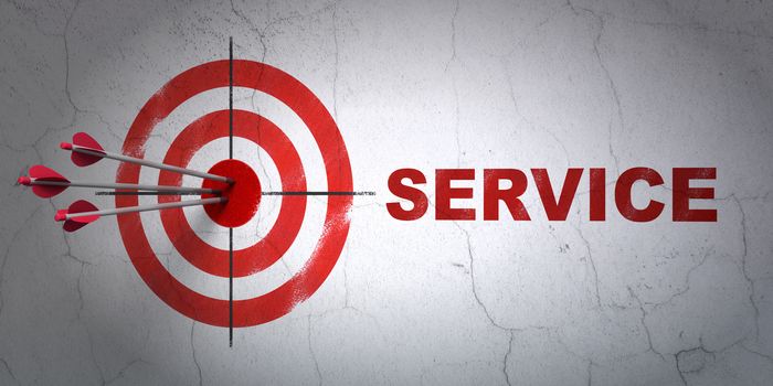 Success business concept: arrows hitting the center of target, Red Service on wall background, 3d render