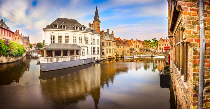 Panoramic view of famous water canal in Bruges, Belgium