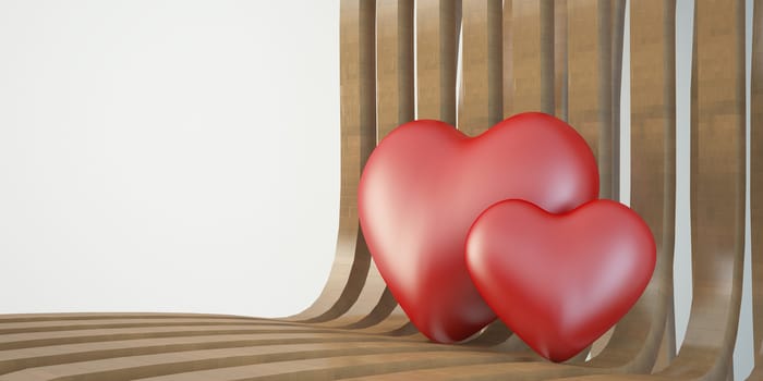 3d two hearts together on wooden chair for valentine day concept