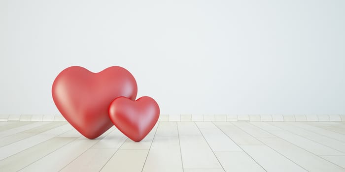 two 3d red heart on the wooden floor for valentine day concept