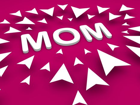 3d mom text with pointing arrow, mehroon background