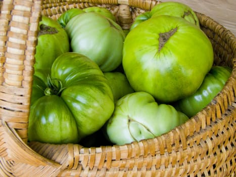 green tomatoes lie in a wicker basket