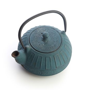 Isolated blue iron teaapot on the white background