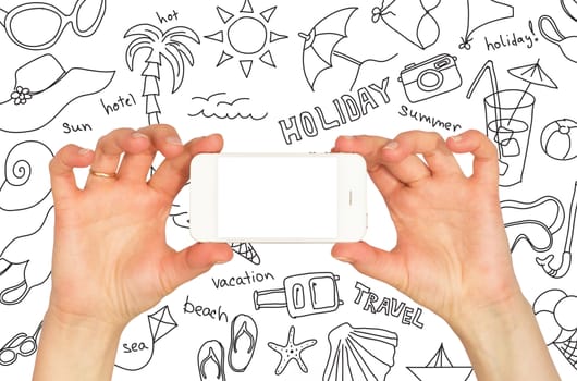 Hands holding a smartphone. Around summer sketches. white background