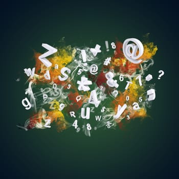 Letters, numbers and colored smoke. Dark background