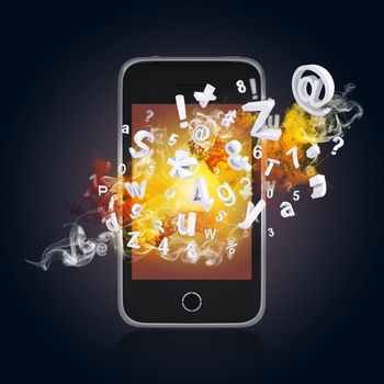 Smart phone emits letters, numbers and colored smoke. Technology concept