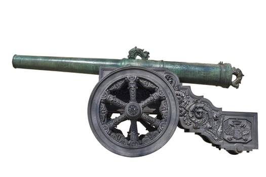 Ancient cannon on wheels isolated on white