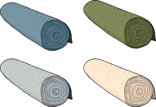 Set of different colored rolls of carpeting on isolated background