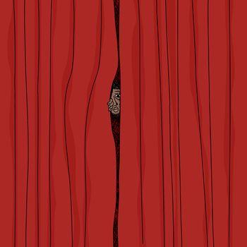 Cartoon of man peeking from behind red curtains