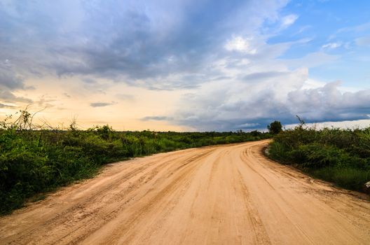 Soil road and grass meadow in  countryside view nature