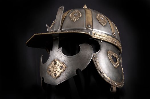 Iron helmet of the medieval knight. Very heavy headdress