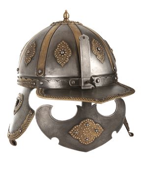 Iron helmet of the medieval knight. Very heavy headdress.
