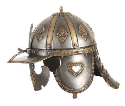 Iron helmet of the medieval knight. Very heavy headdress