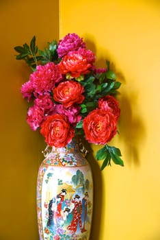 pink botan flowers on chinese style jar 