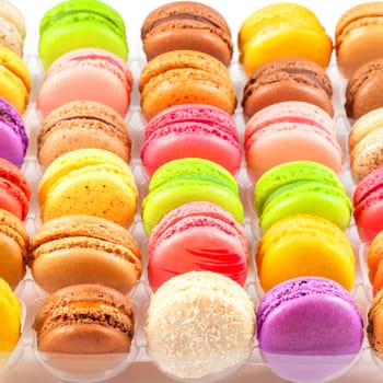 traditional french colorful macarons in a rows in a box