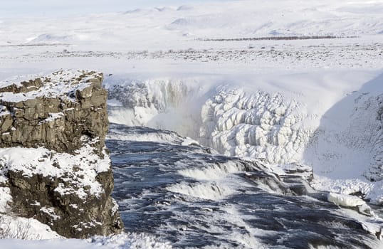 ice and snow in iceland gullfoss waterfall area