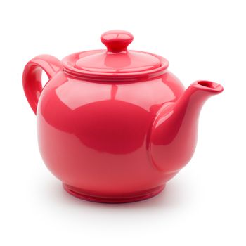 Red teapot closeup. Isolation on white