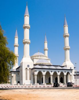 Mosque in Dubai, United Arab Emirates, with a beautiful clear blue sky