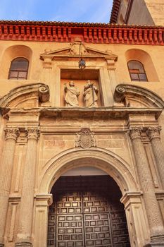 Church Iglesia Durante La Eucarista Facade Wooden Door Peter James Statues Carrera Del Darro Albaicin Granada Andalusia Spain  Built in the 1500s in Mudejar style on the Carrera Del Darro