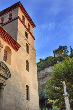 Church Iglesia Durante La Eucarista Moon Alhambra Carrera Del Darro Albaicin Granada Andalusia Spain  Built in the 1500s in Mudejar style on the Carrera Del Darro