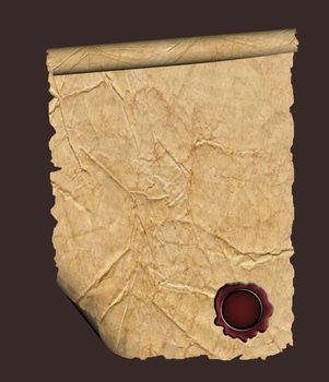 A large image of old and worn parchment with wax seal
