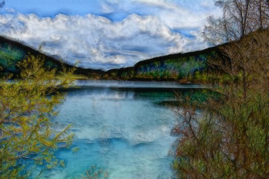 A lake under a cloudy sky. Painterly landscape.