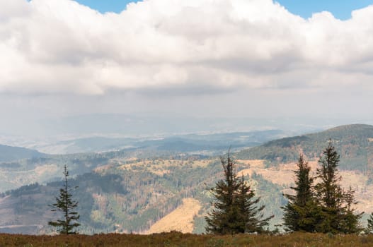 Panoramic view of Beskid Mountains from the top of Wielka Racza