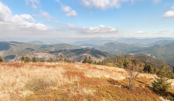 Panoramic view of Beskid Mountains from the top of Wielka Racza