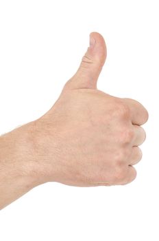 male teen hand shows thumbs up, isolated on white
