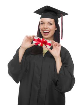 Happy Female Graduate in Cap and Gown Holding Stack of Gift Wrapped Hundred Dollar Bills Isolated on a White Background.