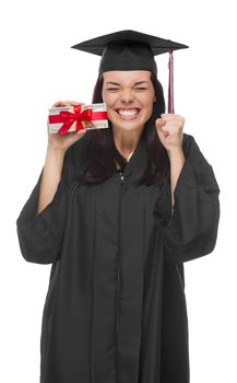 Happy Female Graduate in Cap and Gown Holding Stack of Gift Wrapped Hundred Dollar Bills Isolated on a White Background.