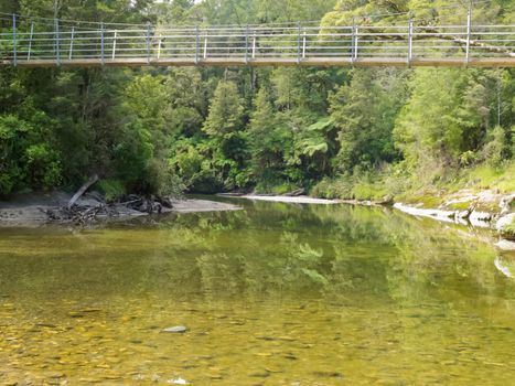 Swing bridge spanning Pororai River, West Coast, South Island, New Zealand, in lush green vegetation of sub-tropical rainforest