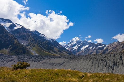 Aoraki Mount Cook National Park, glacial moraine in Hooker Valley with Aoraki Mount Cook in background, New Zealand