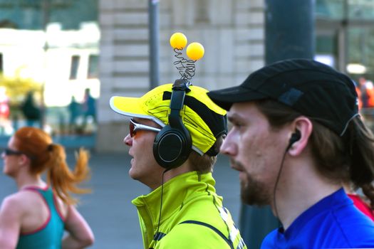 Warsaw, Poland – March  30, 2014: 9th Warsaw Half Marathon. Runner in hilarious and funny costume