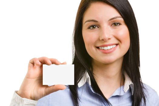 Young beautiful Woman with business card Isolated on white background