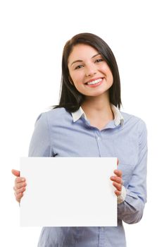 Happy smiling young woman showing blank signboard