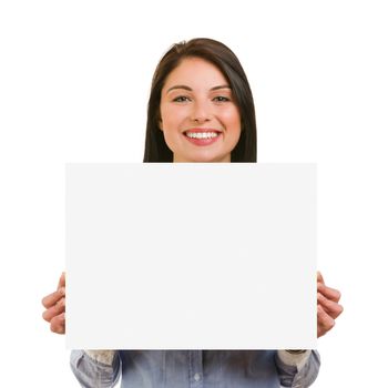 Isolated Happy smiling young woman showing blank signboard on white background