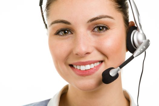 Portrait of happy smiling female support phone operator 