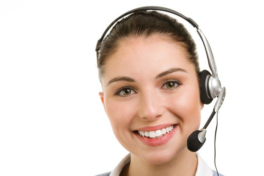 Portrait of happy smiling female support phone operator 