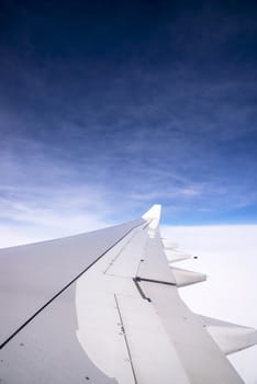 Wing of an airplane flying above the clouds