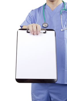 A doctor in blue uniform holding a clipboard.