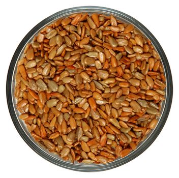 Roasted Salted Sunflower Seeds in Bowl High Angle View Over White